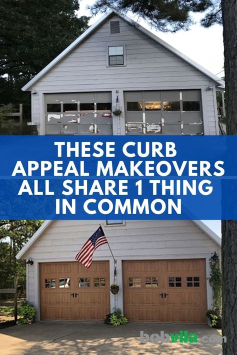 Click through these inspiring curb appeal before and afters, and learn how a garage door makeover can make a real difference to your house's value and exterior appearance. | Learn how you These Curb Appeal Makeovers All Share 1 Thing in Common #ad Garage Door Before And After, Garage Door Makeover Before And After, Garage Skins Before And After, Garage Door Curb Appeal, Vintage Campers For Sale, Aluminium Garage Doors, Garage Renovation, Garage Exterior, Garage Door Makeover