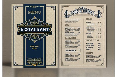 Add your own text and images and global color swatches for quick customization CMYK color  All free adobe Fonts (free with adobe subscription)  Note: Mockup image not included Western Menu Design, Retro Template, Restaurant Menu Card, Ornamental Elements, Menu Vintage, Menu Card Design, Food Vintage, Menu Layout, Coffee Guide