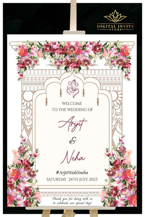 This Beautiful and Royal Indian Wedding Welcome Sign template is perfect for Hindu Welcome Sign as Wedding Welcome sign for your Wedding di Raat, that is a editable and printable template download for wedding welcome signage template! Indian Wedding Signage, Welcome Board Wedding Entrance, Wedding Welcome Board Design, Indian Wedding Welcome Board, Indian Theme Wedding, Wedding Welcome Signage, Wedding Banner Design, Photoshoot Paris, Buddhist Wedding