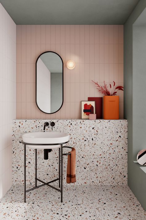 Terrazzo Tile in Bathroom Setting Bathroom Terrazzo, Terrazzo Bathroom, Dekorere Bad, Ideas Baños, Terrazzo Flooring, Downstairs Bathroom, Toilet Design, Bathroom Inspiration Decor, Small Bathrooms