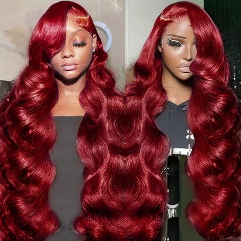 PRICES MAY VARY. Brazilian Body Wave Human Hair Wig: Our 99j Lace Front Wig Is Made of 100% Human Hair, The 200% Density Gives It a Full and Natural Look That Can Be Dyed, Curled, Straightened and Styled to Your Liking. Making You Look Fabulous In No Time! 13x4 99j Body Wave Wig Feature: Cut from Young Donor Directly, Full and Thick, Soft and Bouncy, Natural and Healthy, No Shedding, No Tangles. Suitable for Different Color of Skins, That Makes Your Hairline Looks More Natural Just Like Your Own Green Body Wave Wig, 99j Lace Front Wig, Red Lace Front Wigs, Red Weave Hairstyles, Red Weave, Red Wig, High Ponytail, Wave Wig, Lace Front Wigs Human Hair