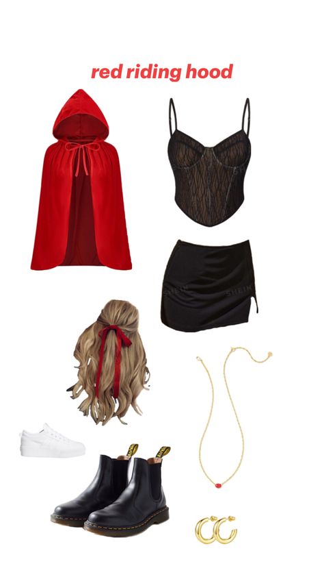 Hot Little Red Riding Hood Costume, Halloween Costumes With A Black Skirt, Diy Little Red Riding Hood Costume Women, Red Riding Hood Costume Women's, Diy Little Red Riding Hood Costume, Halloween Costume Little Red Riding Hood, Baddie Halloween, Little Red Riding Hood Halloween, Little Red Riding Hood Costume