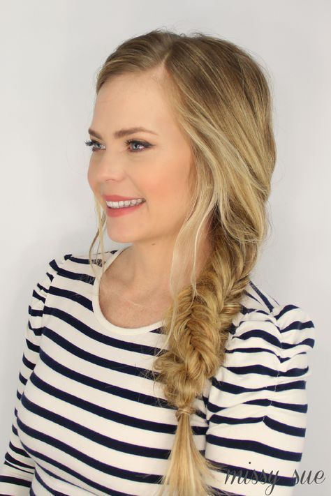 Fishtail Twisted Side Braid Tutorial Missy Sue Hair, Heartless Curls, Dutch Fishtail Braid, Fishtail French Braid, Missy Sue, Top Braid, Side Braid Hairstyles, Two Braids, Easy Summer Hairstyles