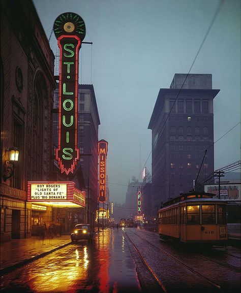 Grand Avenue Theater district, 1944 by Missouri History Museum, via Flickr Theater District, Night Pictures, St Louis Missouri, St Louis Mo, History Museum, Historical Society, Ferry Building San Francisco, St Louis, Missouri