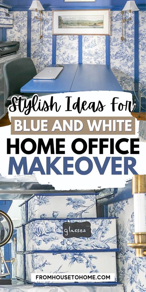 Small Home Office With Blue And White Toile Small Home Office Makeover, Office Makeover Ideas, Bookshelves Storage, Blue And White Toile, Elegant Home Office, Home Office Makeover, Tiny Room, Sewing Room Storage, House To Home