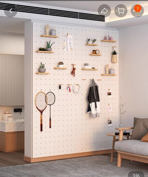 Pegboard Entrance, Pegboard Wall Ideas Office, Art Corner Ideas Small Spaces, Custom Pegboard, Modern Pegboard, Peg Board Walls, Mud Room Entry, Cleaning Inspiration, Jewelry Store Design