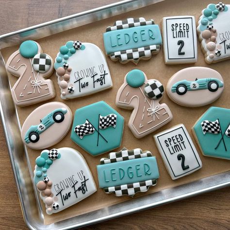 Growing up two fast 🏁 . . . #twofastbirthday #twofastcookies #birthdaycookies #batonrouge #batonrougecookies #cookiesofinstagram | Instagram 2 Fast Birthday Party Cake, Two Fast Birthday Cookies, Fast Sugar Cookies, Growing Up Two Fast, Emily Perkins, Special Cookies, First Birthday Cookies, Car Cookies, Cars Birthday Cake