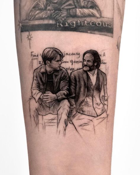 Kenneth Ink | - Good Will Hunting, Will and Sean, flash design. It is always fun to render different textures within a realism piece. Adding rough… | Instagram Good Will Hunting Tattoo, Movie Inspired Tattoos, Will Hunting, Movie Tattoo Ideas, Film Tattoo, Hunting Tattoos, Movie Tattoo, Final Countdown, Movie Tattoos