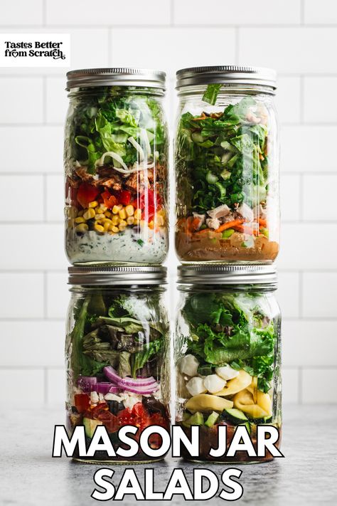 Four Mason Jar Salads perfect for meal prep all week! Jar Salad Recipes, Mason Jar Meal Prep, Seasonal Meal Planning, Mason Jar Lunch, Mason Jar Salads, Salad Jar Recipe, Jar Salads, Chicken Caesar Pasta Salad, Jar Salad