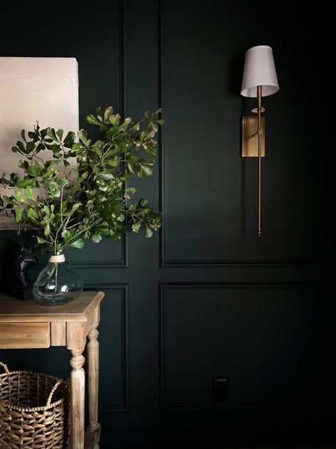 Hunter Green Dining Room Walls, Moody Dinning Room Designs, Black Green Dining Room, Moody Green Living Room Walls, Black Painted Dining Room, Black Walls In Dining Room, Moody Transitional Dining Room, Dark Rustic Dining Room, Green Black Dining Room