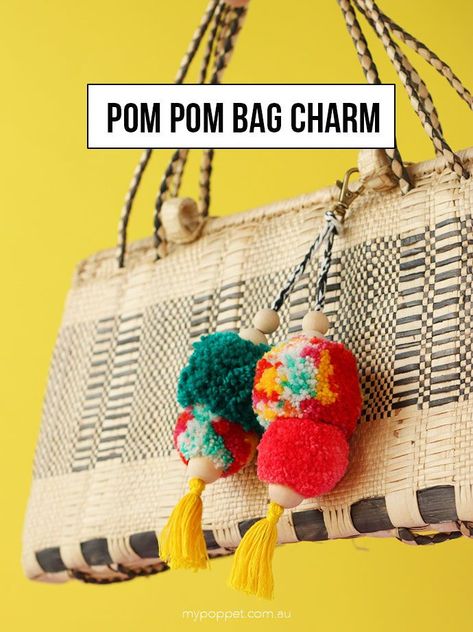 How to make a Pompom bag charm - mypoppet.com.au Pompon Crafts, Make A Pompom, Pom Pom Bag, Pom Pom Bag Charm, Monthly Crafts, Craft Stalls, How To Make A Pom Pom, Pom Pom Keychain, Diy Tops