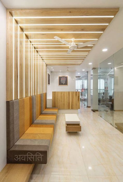 minimalistic and Simplistic Office Interiors | Avasiti - The Architects Diary Waiting Lobby Design Office, Waiting Area Ideas Office, Office Ceiling Ideas, Ceiling Design For Office, Reception Ceiling Design, Simplistic Office, Simplistic Interior, Waiting Area Design, Office Ceiling Design