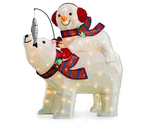 This polar pair have traveled from the frozen lake to bring delightful seasonal design to your home. Wearing warm scarves, a ear muff snowman holds out a fish as he rides on his polar bear friend. Illuminating from within by charming lights, this piece is perfect for adding to your Christmas time display. Polar Bear Christmas, Christmas Apartment, Warm Scarves, Bear Character, True Winter, Christmas Yard Decorations, Christmas Yard, Frozen Lake, Winter Wonder