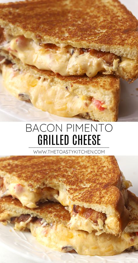 This bacon pimento grilled cheese is the ultimate comfort food sandwich. Homemade pimento cheese and bacon is stuffed between buttered bread slices and cooked until golden brown and melty. Pimento Cheese Panini, Bacon Wrapped Grilled Cheese, Grilled Pimento Cheese Sandwich Bacon, How To Use Pimento Cheese, Pimento Cheese Grilled Cheese, Taco Grilled Cheese Sandwich, Pimento Grilled Cheese Sandwich, Hand Sandwiches, Grilled Pimento Cheese Sandwich