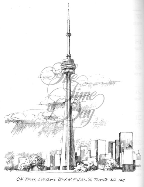 Cn Tower Sketch, Cn Tower Painting, Cn Tower Drawing, Cn Tower Tattoo, Landmark Drawings, Toronto Drawing, Toronto Cn Tower, Toronto Images, Autumn Tattoo