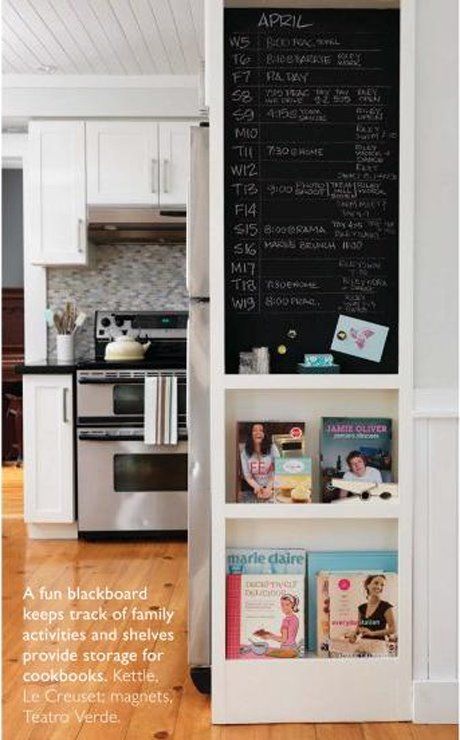 Kitchen blackboard Cookbook Shelves, Kitchen Blackboard, Blackboard Ideas, Kitchy Kitchen, Cookbook Shelf, Modern Country Living, Wall Entertainment Center, Narrow Shelves, Pantry Wall