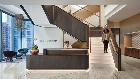 Bank of America Chicago | IA Interior Architects Stair Office Design, Reception Desk Under Staircase, Commercial Vestibule Design, Bank Interior Design Waiting Area, Bank Lobby Design, Bank Lobby Interior Design, Reception Under Stairs, Bank Reception Design, Modern Bank Interior Design