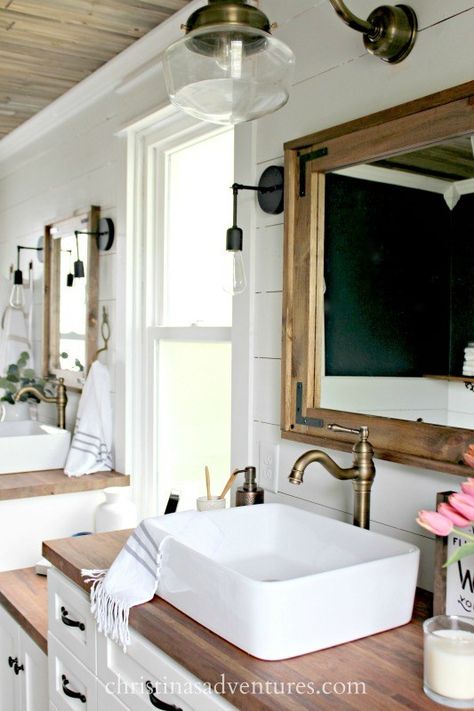 Butcher Block Bathroom, Wood Framed Bathroom Mirrors, Farmhouse Bathroom Lighting, Trendy Pictures, Vintage Farmhouse Sink, Vanity Small, Makeover Kamar Mandi, Lighting Farmhouse, Bathroom Vanity Remodel