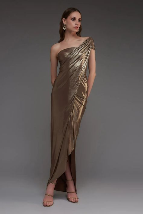 AZA Metallic Evening Gown, Bronze Evening Dress, Drape Dresses Western, Molten Metals Bridesmaids, Bronze Wedding Dress, Metallic Wedding Dress, Bronze Gown, Disco Fabric, Drape Dresses