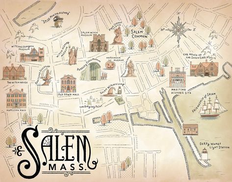 "Hand-drawn, hand-lettered map of downtown Salem, Massachusetts. 11x14\" map, printed on Epson Ultra Premium Presentation paper. Ships flat in a cello sleeve." Salem Massachusetts Map, Game Branding, Gothic Atmosphere, Salem Massachusetts Travel, Salem Map, Salem Mass, Weird West, Massachusetts Map, Essex Street