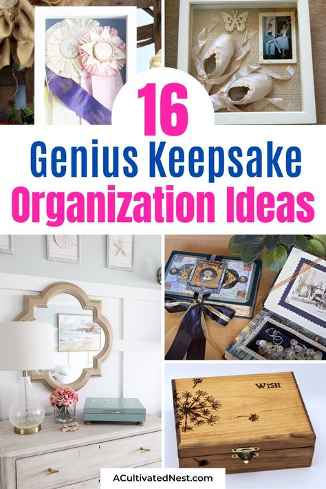 16 Genius Keepsake Organization Ideas- Transform clutter into cherished memories with these genius keepsake organization ideas! Whether it's shoes or pressed flowers, these clever solutions will help you preserve and display your mementos beautifully. Say goodbye to clutter and hello to organized nostalgia! | #OrganizationTips #Memorabilia #DIYProjects #keepsakes #ACultivatedNest Childhood Home Keepsake Ideas, Display Memorabilia Ideas, Memorabilia Display Ideas, Keepsake Organization, Memorabilia Display, Keepsake Ideas, Shadow Box Display Case, Cleaning Schedule Printable, Country Chic Cottage