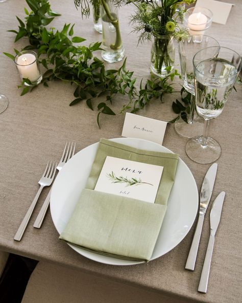 place setting Wedding Rings Black, Wedding Table Menus, Long Tables, Castle Wedding Venue, Green Napkins, Shelter Island, Wedding Plates, Sage Green Wedding, Wedding Place Settings