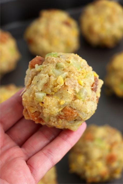 Meemaw's Baked Stuffing Balls, Mee Maws Baked Stuffing Balls, Cornbread Dressing Balls, Dressing Balls Thanksgiving, Turkey Dressing Balls, Easy Stuffing Balls, Stuffing With Gizzards, Stuffing Balls Recipe Stove Top, Leftover Turkey Stuffing Balls