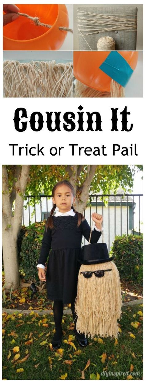 How to make a Cousin It trick or treat pail out of a 99 cent plastic costume for a Pugsly or Wednesday Addams costume. Adams Family Kostüm, Cousin It Diy, Addams Family Cousin It, Adams Family Costume, Adams Family Halloween, Wednesday Costume, Cousin It, Wednesday Addams Costume, Plastic Costume