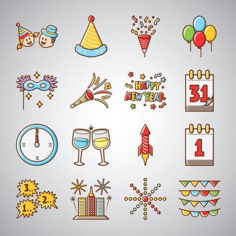 Nette und lustige guten rutsch ins neue ... | Free Vector #Freepik #freevector #banner #symbol #flagge #niedlich New Years Symbols, New Years Drawings Easy, New Years Cartoon, Happy New Year Cartoon, Happy Birthday Doodle, Happy New Year Drawing, Holiday Drawings, Funny Happy New Year, Happy New Year Illustration