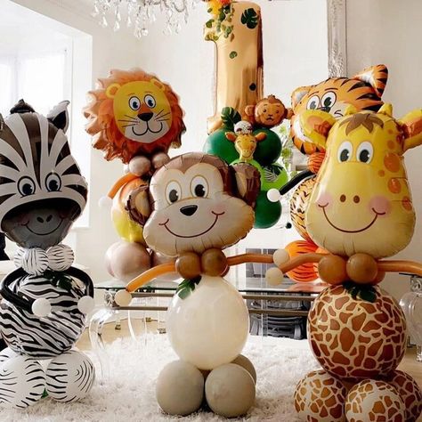 Jungle Animals Party, Foil Number Balloons, 9th Birthday Parties, First Birthday Decorations, Birthday Party Balloon, Party Animals, Safari Birthday, Balloon Backdrop, Jungle Animal