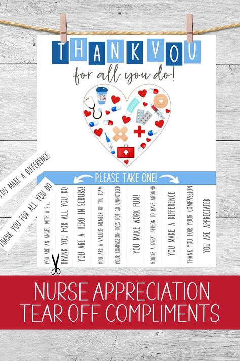 These tear off compliments are perfect to encourage appreciation and positivity during Nurse Appreciation Week. Print on white paper/cardstock (adjust printer settings to borderless so you get the poster to the edge), hang up in the Nurses break room, on a door, a window, hallway where anyone can tear off a compliment and share with a Nurse. Two pages with 20 nursing related compliments that will be sure to bring a smile to a Nurse's face! Window Hallway, Medical Printables, Nurse Appreciation Week, Nurse Week, You Make A Difference, Medical Staff, Nurse Appreciation, Nurses Week, Tear Off