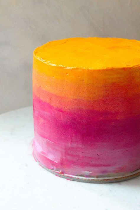 How to make a colorful ombre cake | King Arthur Baking Crumb Coating A Cake, Orange Birthday Cake, Rotating Cake Stand, Two Layer Cakes, Frosting Colors, King Arthur Baking, Fiesta Tropical, Tall Cakes, Ombre Cake