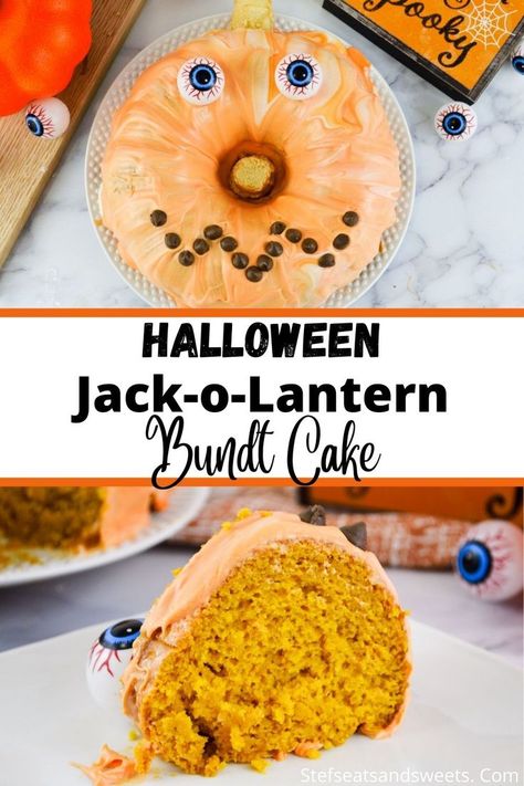 This fun pumpkin bundt cake is perfect for all of your Halloween parties. Super easy to make,moist, and delicious! | Stef's Eats and Sweets #halloween #cakes #desserts #bundt #pumpkin #recipes Cake Mix Pumpkin, Jack O Lantern Cake, Cake Pinterest, Pinterest Collage, Desserts With Few Ingredients, Pumpkin Syrup, Pumpkin Bundt Cake, Fall Gathering, Halloween Candy Corn