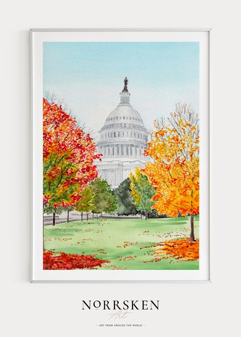 This watercolor painting of Washington DC in United States of America was created from my own original paintings and was printed in high-resolution images so you can download them instantly and print them yourself, either at home or by using a professional printing service! It’s an easy way to get high-quality artwork for less money than a physical art print. #washington #usa #fall #walldecor #watercolor #cityscape #nature #painting #printableart #artprint #gallery #housewarming #gift Washington Painting, Washington Dc Art, Fall Wall Decor, Usa Print, Fall Prints, Sketchbook Journaling, Online Printing Services, Watercolor Art Prints, State Art