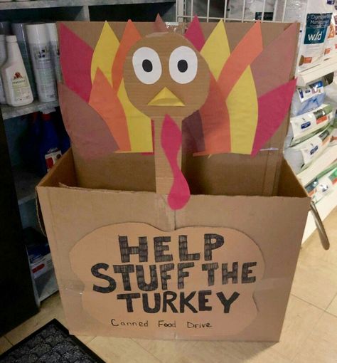 Turkey Donation Box Ideas, Student Council Thanksgiving Ideas, Food Donation Box Ideas Thanksgiving, Thanksgiving Food Donation Box Ideas, Food Bank Donation Box Ideas, Fall Work Event Ideas, Turkey Box Food Drive, Candy Monster Donation Bin, Thanksgiving Fundraiser Ideas For School