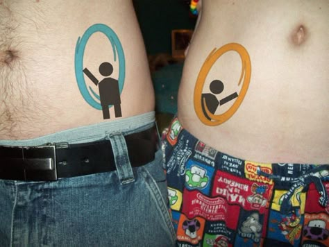 couple! Portal Tattoos, Nerd Couple, Portal Tattoo, Playstation Tattoo, Portal Logo, Couple Tat, Video Game Tattoos, Couples Tattoo, Best Couple Tattoos