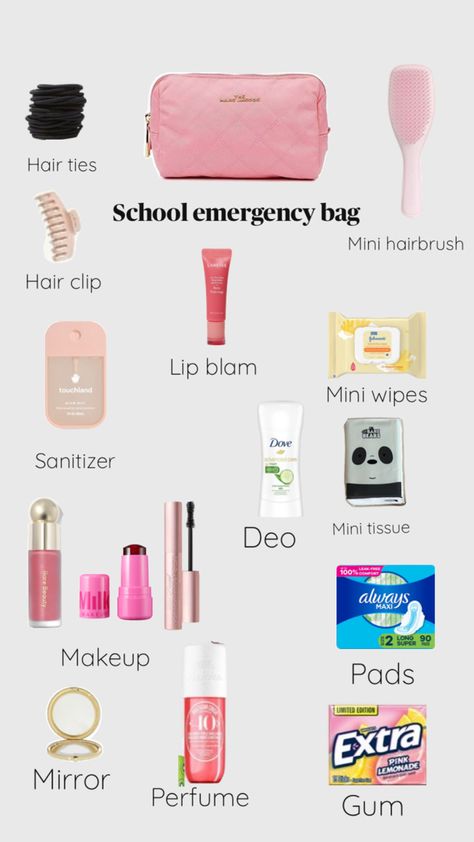 An example of an school emergency bag for girls😘💖✨ Emergency Kit For School Period, That Girl School Bag Essentials, Stuff To Put In Purse, Emergency Kit For School 7th Grade, What To Put In Your School Bag Grade 6, Girl Bag Essentials For School, Things To Put In School Bag, School Emergency Kit Essentials, School Bag Needs