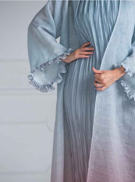 Grayish blue color it's an open abaya with no buttons, with inner part,| Boksha Blue Abaya, Abaya Fashion Dubai, Mode Hijabi, Fashion Dresses Formal, Open Abaya, Modest Fashion Hijab, Muslim Fashion Hijab Outfits, Hijabi Fashion Casual, Mode Abaya