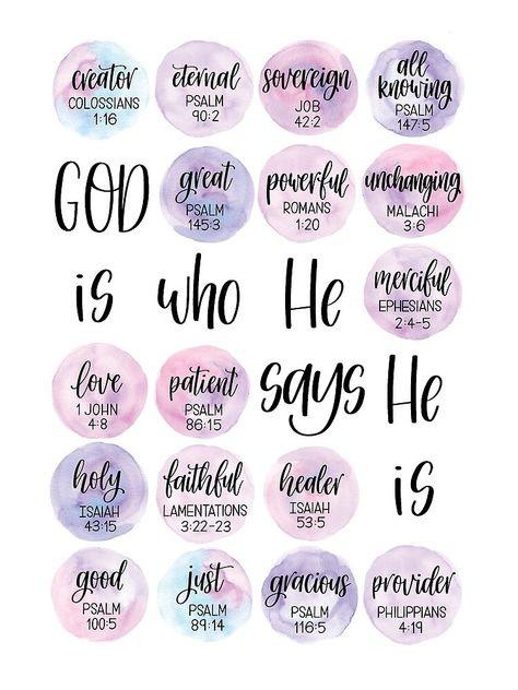 "God is who He says He is - Purple watercolor - Character of God" Drawstring Bag by BecPichugin | Redbubble Bible Journal Stickers, Character Of God, Bible Stickers, Bible Journaling Printables, God Sticker, Bible Doodling, Bible Quotes Images, Bible Study Verses, Bible Motivation