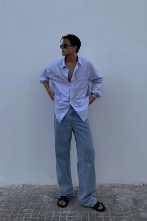 Causal Formal Outfits Men, Blue Linen Shirt Men, Summer Outfits For Men, Linen Shirts For Men, Surfergirl Style, Vacation Outfits Men, Men's Dress Shirts, Mens Summer Outfits, Guys Clothing Styles