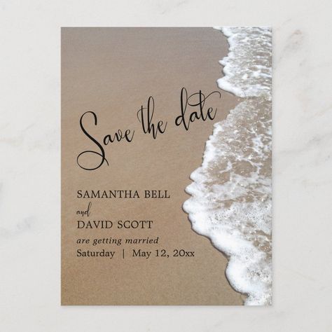 Sand & Foam Beach Wedding Save the Date Announcement Postcard | #beachphoto #sandandsurf #foamywater #sandandfoam #oceansideweddingceremony #beautifulweddingtypography #elegantbeachmarriageinvite #subtlebeachscene #coastalweddingdesign #coastalphotography Sand Foam, Spring Beach Wedding, Wedding Ideas Spring, Beach Wedding Save The Date, Fonts Wedding, Small Beach Weddings, Diy Beach Wedding, Beach Theme Wedding Invitations, Dream Beach Wedding