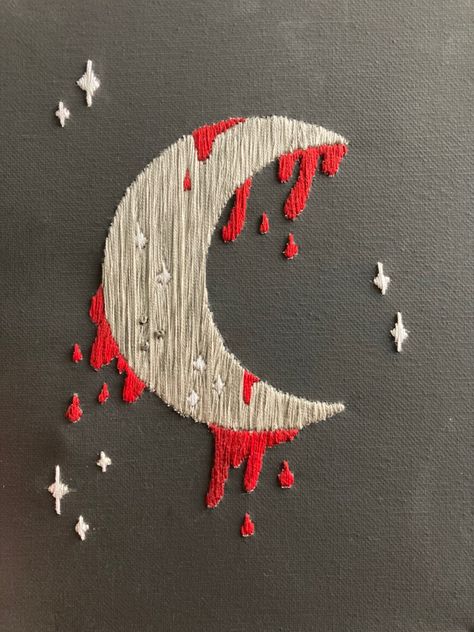 Grey Crescent moon embroidery with red blood dripping from it and silver stars on a black canvas. Blood Embroidery, Vampire Embroidery, Emo Embroidery, Mollymauk Cosplay, Embroidery Goth, Alternative Embroidery, Grunge Embroidery, Crescent Moon Embroidery, Goth Embroidery