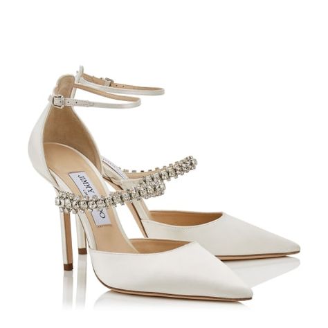 Ivory Satin Pointy Toe Pumps with Crystal Strap | BOBBIE 100 | Cruise 19 | JIMMY CHOO Jimmy Choo Wedding Shoes, Hak Tinggi, Bronze Heels, Jimmy Choo Bridal, Sparkly Heels, Jimmy Choo Heels, Wedding Heels, Bride Shoes, Footwear Design Women