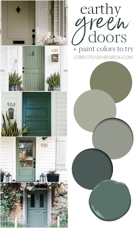 A green front door can be a beautiful way to welcome guests to your home. Here’s some of the best green paint colors to sample and beautiful inspiration images for your exterior design dreaming! Front House Exterior Ideas, Exterior Sage Green Paint Colors, Green And White Cottage Exterior, Green Front Door Stone House, Craftsman Front Door Color, Sage Green French Doors, Gray Green House Paint Exterior, Green Door Beige House, White Cottage Green Door