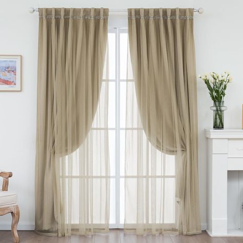 Layered Bedroom Curtains, Light Academia Curtains, Living Room Double Curtains, Tall Curtains Bedroom, Curtain Inspo Living Room, Double Curtain Ideas, Sheer And Blackout Curtains Together, Curtain Layering Ideas, Double Curtains Bedroom