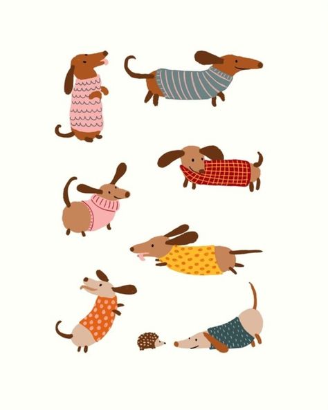 Daschund Cartoon Drawing, Cute Dashounds Drawings, Weenie Dog Illustration, Cocker Spaniel Illustration Drawings, Daschund Illustration Cute, Daschund Drawing Illustration, Dashound Illustration, Dashund Illustrations, Weiner Dog Illustration