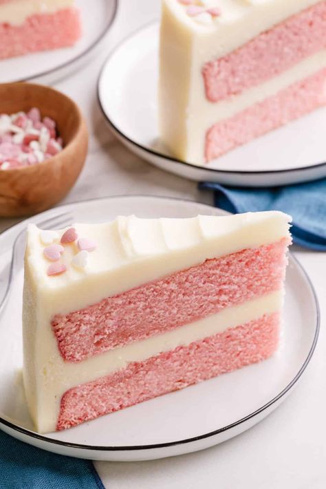 Pink Velvet Cake, Pink Velvet Cakes, Cake Flour Substitute, Red Velvet Waffles, Unfrosted Cake, Velvet Cake Recipes, Vanilla Buttercream Frosting, Pink Foods, Round Cake Pans