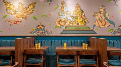 A traditional South Indian restaurant within a contemporary setting - Architect and Interiors India Tiles Restaurant, Resturant Interior Design, Delhi Restaurants, Resturant Interior, Restaurant Design Rustic, Indian Cafe, South Indian Restaurant, Restaurant Indian, Modern Restaurant Design