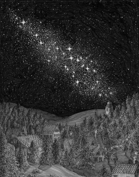 Ink Sky Drawing, Night Sky Pen Drawing, Night Sky Ink Drawing, Stars In The Sky Drawing, Intricate Pen Drawings, Night Sky Sketch Pencil, Ink Creature, Night Sky Constellations, Normal Painting