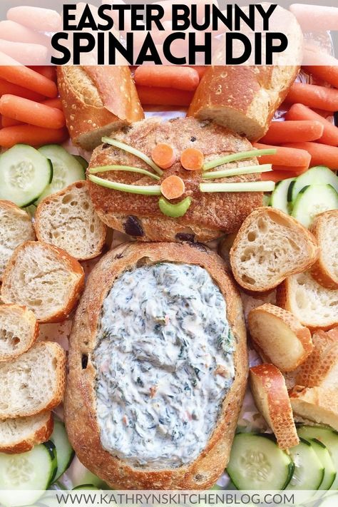 This Bunny Spinach Dip is so easy and cute for Easter! Served with baguette slices and fresh veggies for the ultimate Easter appetizer that everyone will love. #spinach #dip #appetizer #easter #easyrecipes #kidrecipes #easyeasterappetizer #easterappetizer #appetizer #spinachdip #easyrecipe Easter Spinach Artichoke Dip, Easter Bunny Bread Bowl Spinach Dip, Easter Bunny Spinach Dip, Easter Chips And Dip, Easter Spinach Dip, Bunny Spinach Dip, Knorr Vegetable Dip, Fresh Spinach Dip, Bread Bowl Dip